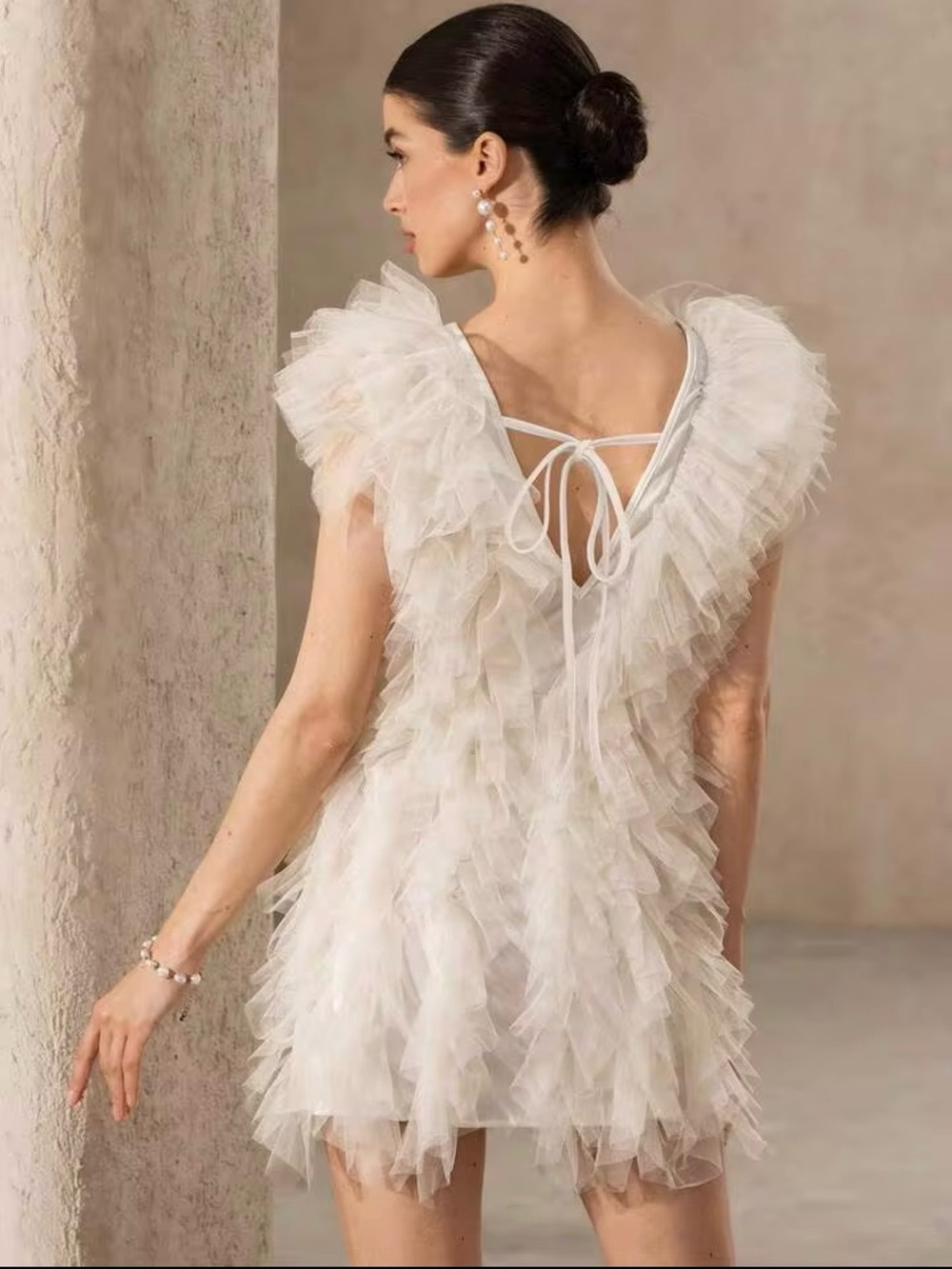 Ivory Ruffled V-Neck Mini Dress - Picture 2 of 9